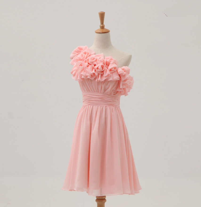 Women Short Pink One-shoulder Short Pink Empire Formal Dress, Evening Dress, Homecoming