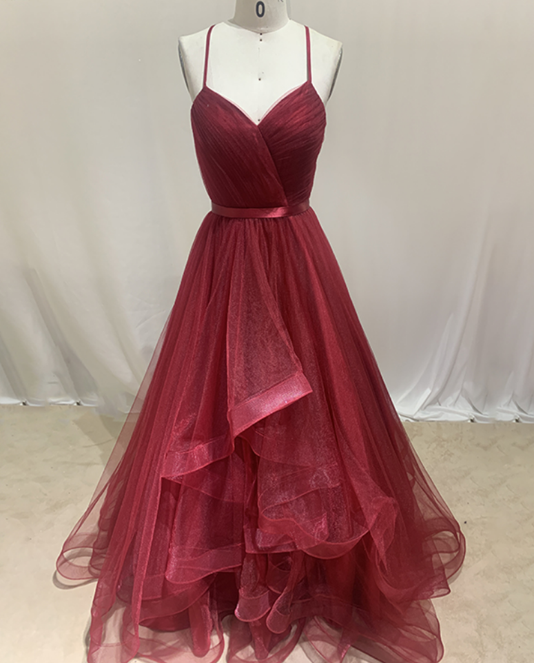 Prom Dresses Elegant V Neckline Spaghetti Strap Tulle Ruffles Ball Gowns Lace Up Ladies Formal Prom Dress