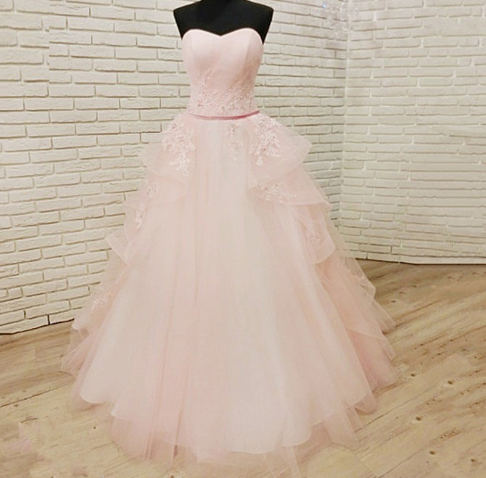 Prom Dresses Tulle Floor Length Strapless Prom Dress ,lace Applique Prom Dresses With Belt, Party Dresses, Evening Dresses