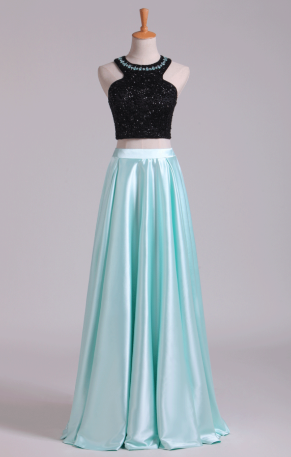 Prom Dresses A-line Scoop Elastic Satin Two Pieces Black Bodice Backless Floor-length