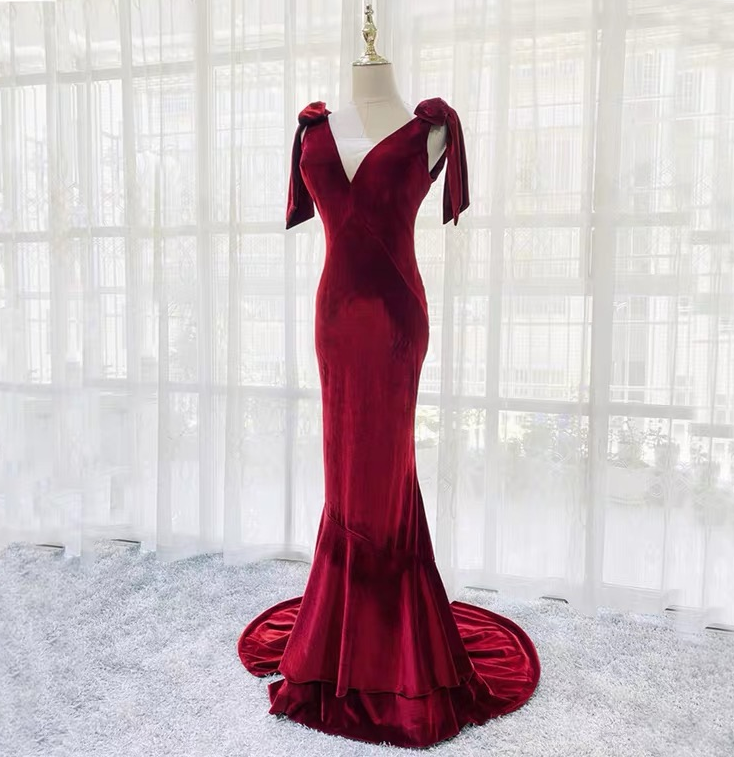V-neck, Burgundy Evening Dress, High Quality Velvet, Mermaid Party Dress,custom Made