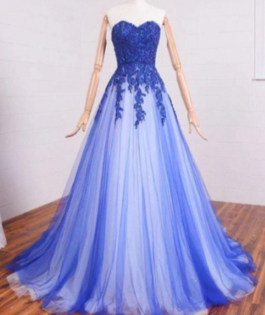 A Line Sweetheart Neck Lace Tulle Blue Long Prom Dresses, Blue Formal Dresses, Blue Lace Evening Dresses