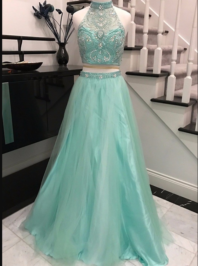 Mint Halter Two Pieces Long Tulle Prom Dresses For Teens,elegant Evening Dresses,modest Prom Gowns, Party Dresses,women Dresses