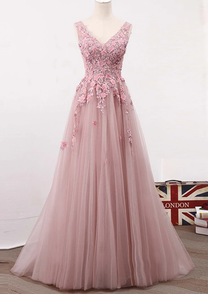 Prom Dresses V Neck Sleeveless Tulle Long Prom Dress With Flowers, Party Prom Dress