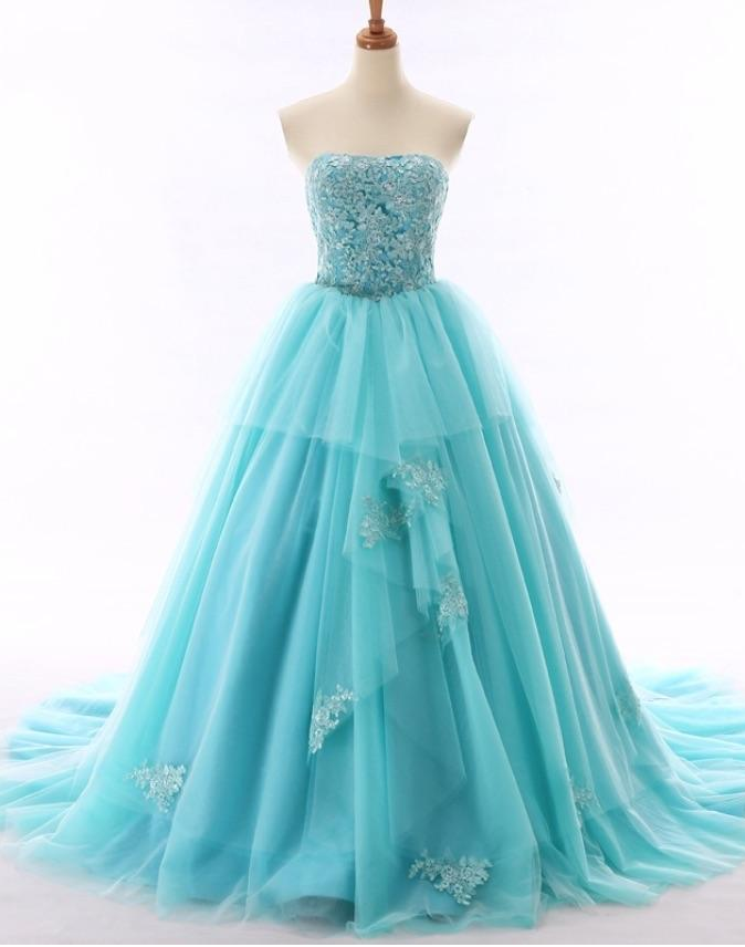 Charming Light Blue Prom Dress, Appliques Tulle Strapless Prom Dresses, Long Evening Dress, Formal Gown