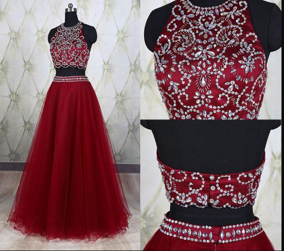Custom Made High Quality Prom Dress,tulle Prom Dress,beading Prom Dress,two Pieces Prom Dress, Halter Prom Dress