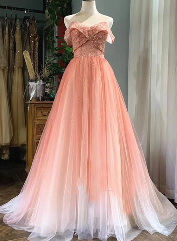 Beautiful Pink Tulle Gradient Beaded Off Shoulder Party Dress