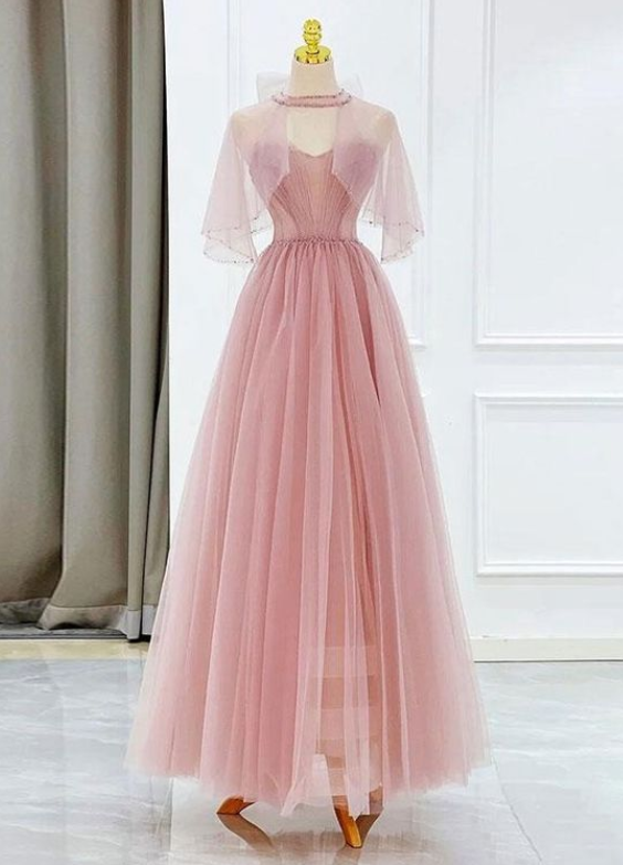 Pink Tulle Tea Length Prom Dress, Pink Tulle Formal Dress