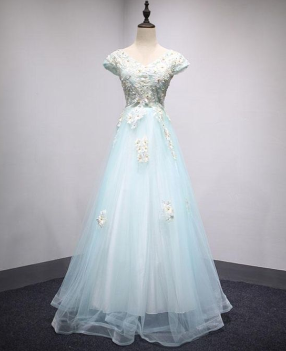 Light Blue Lace Tulle Long Prom Dress, Lace Evening Dress