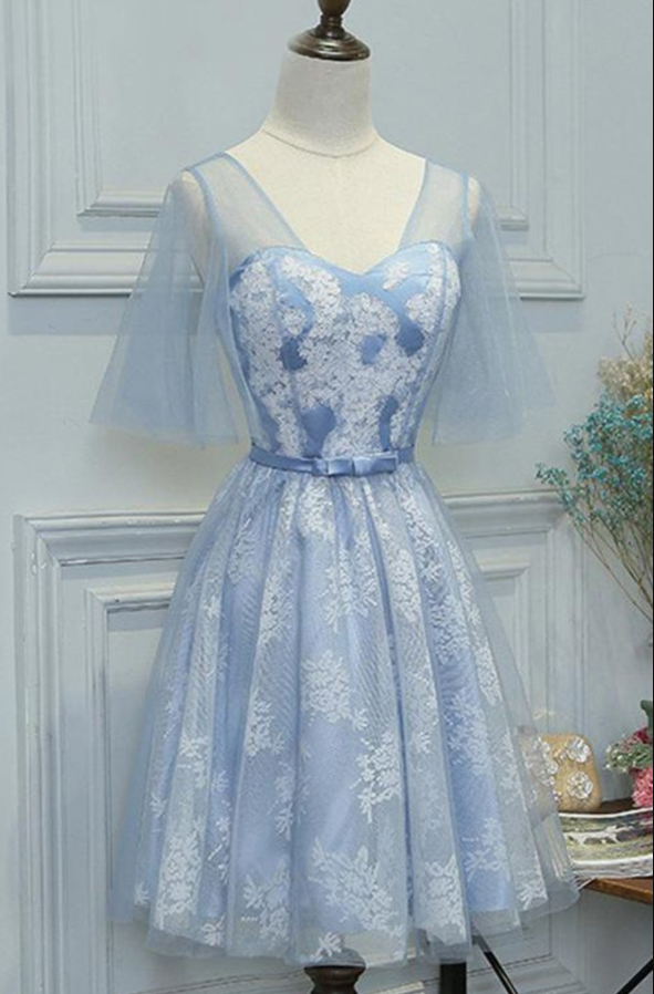 Mini Short Prom Dress, Blue Lace Short Prom Dress With Sleeves, Short Bridesmaid Dress With Bowknot