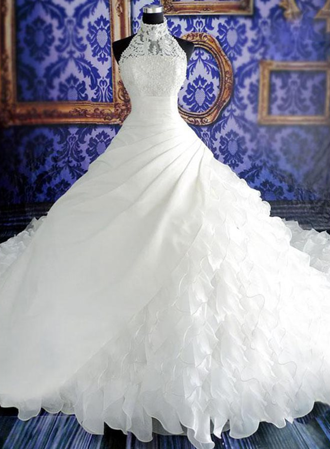 Appliques Cascading Ruffles Pearls Ball Gown Wedding Dress