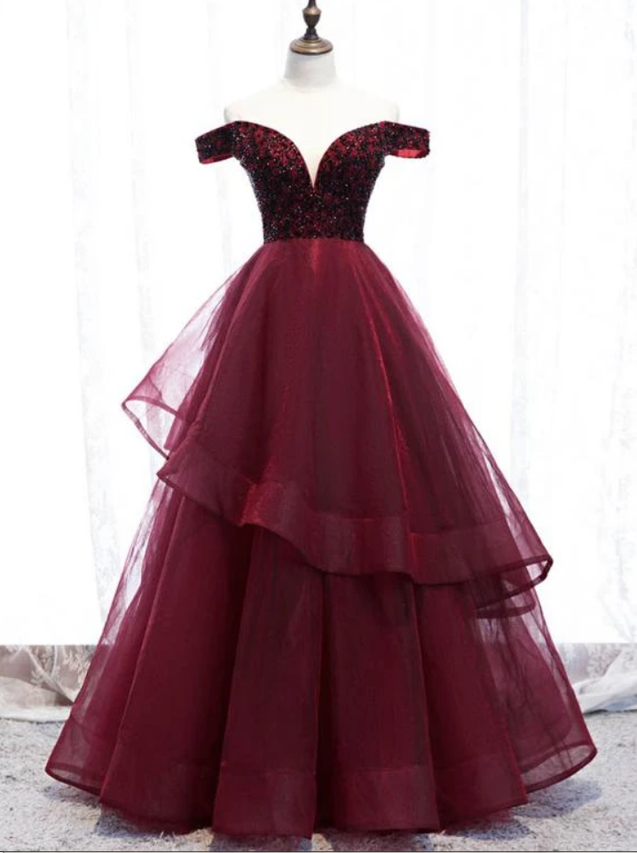 Prom Dresses Tulle Beads Long Prom Gown Evening Dress