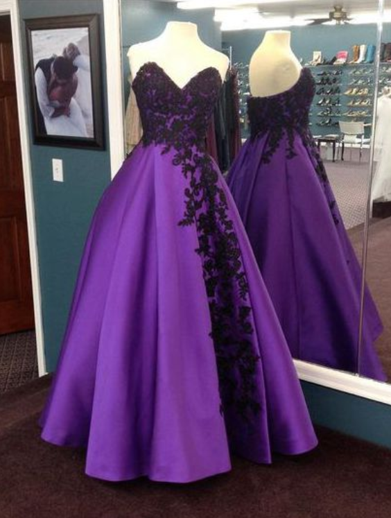 Purple Strapless Lace Long Prom Dress, Lace Evening Dress, Ball Gown
