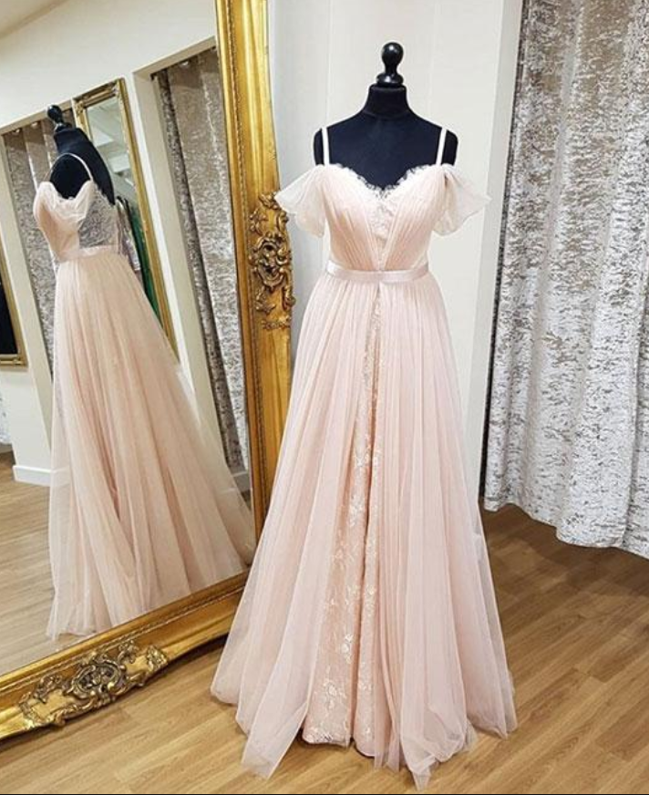 Simple Pink Sweetheart Neck Tulle Long Prom Dress, Pink Evening Dress