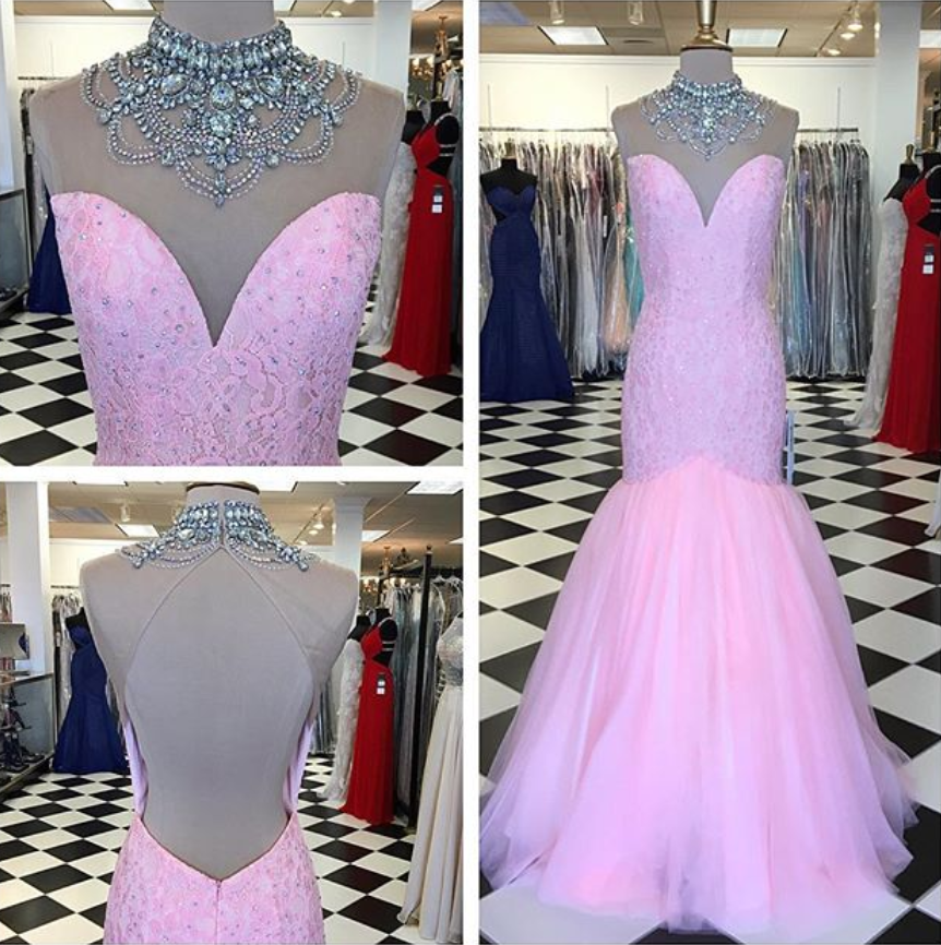 Beaded Illusion High Neck Pink Lace Mermaid Prom Dress With Open Back