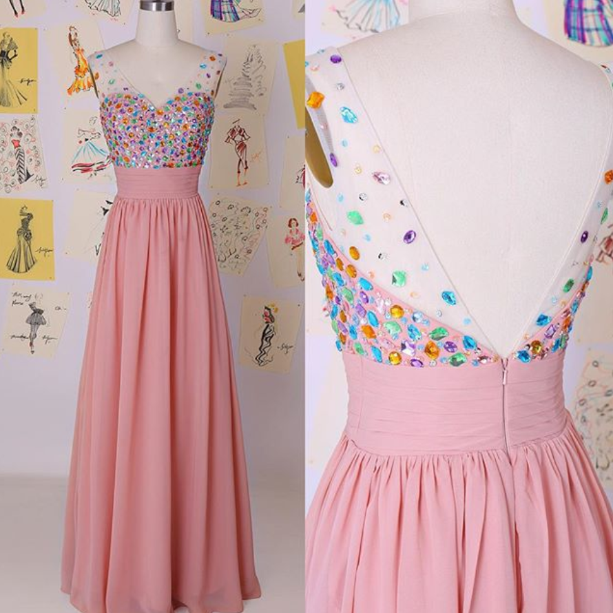 Rose Pink Chiffon V Back Prom Dress With Colorful Crystals