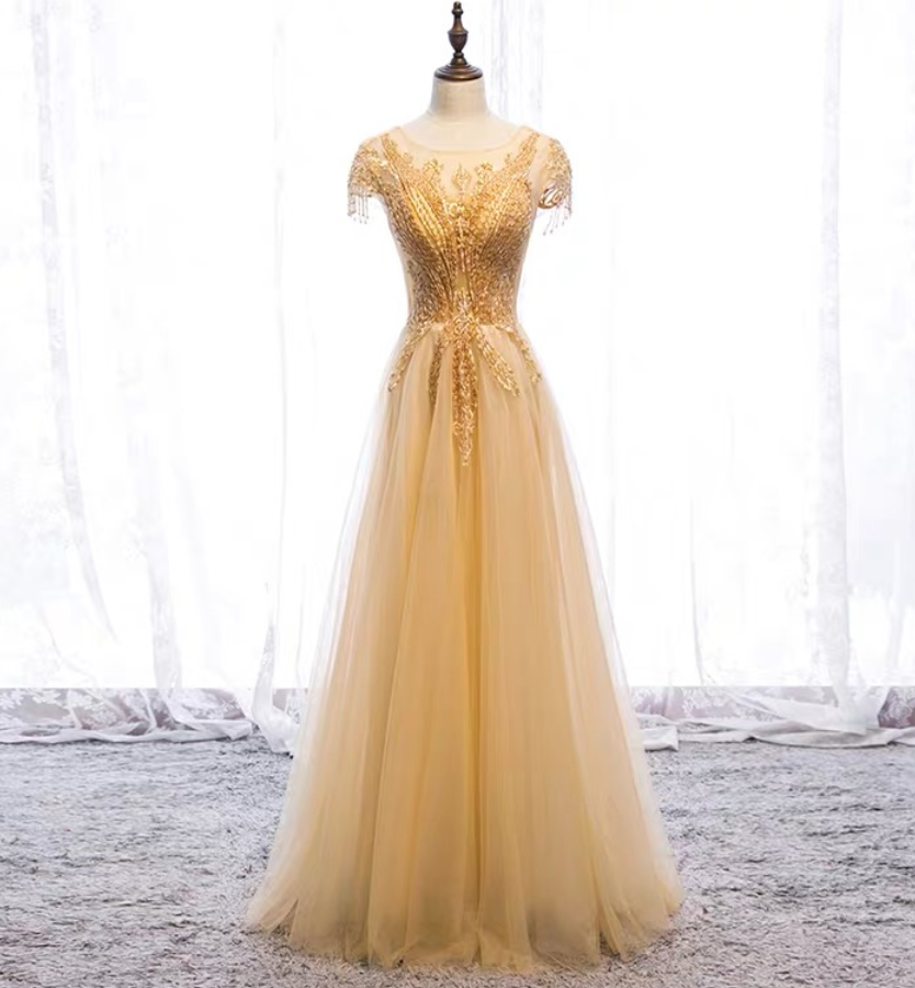 Style, Long Fairy Elegant Dress, Golden Beaded Evening Dress,custom Made