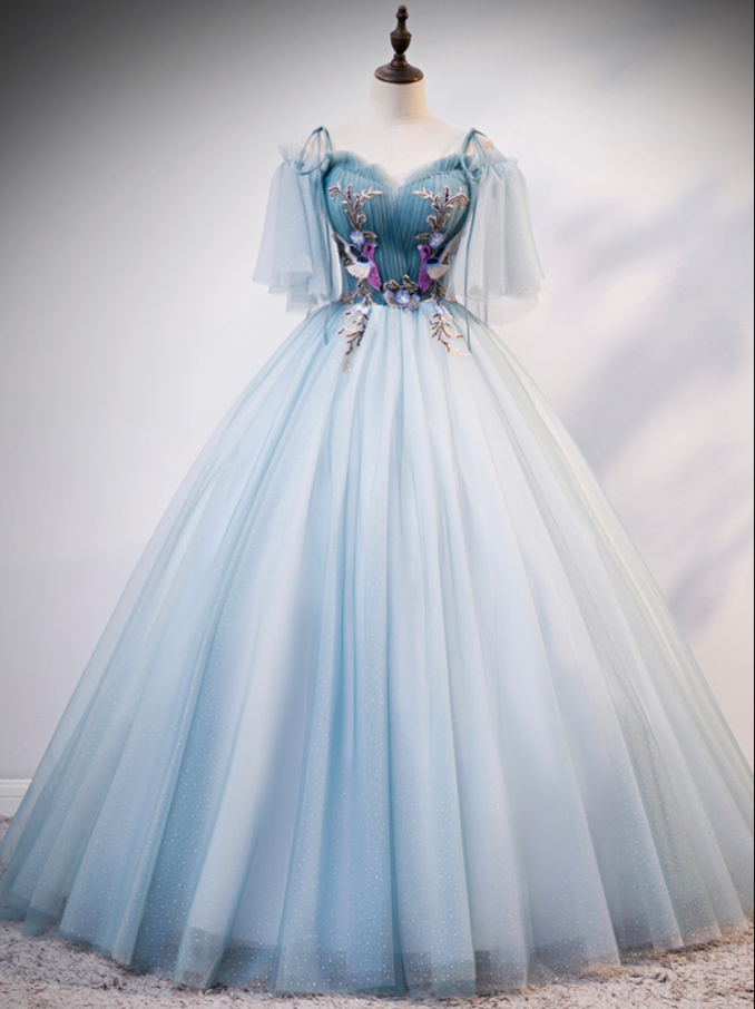 Blue Tulle Ball Gown, Spaghetti Strap Blue Party Dress,custom Made