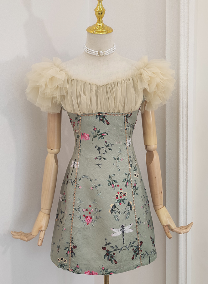 Vintage, Jacquard, Mesh Splicing, Bubble Sleeve ,off Shoulder Party Dress