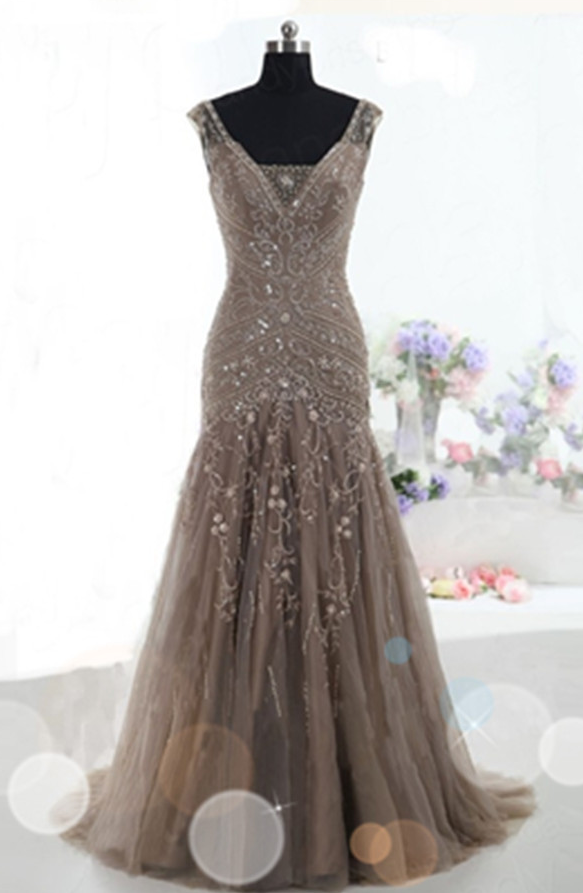 Mermaid Lace Up Prom Dresses,brown Tulle Prom Gowns,modest Beading Prom Dresses,v-neck Party Dresses,quinceanera Dresses,graduation Dresses