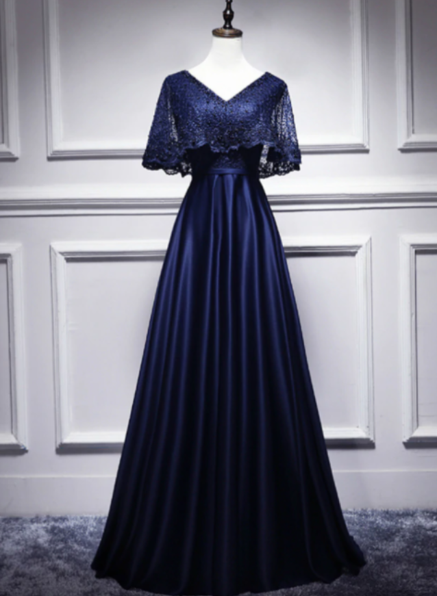 bat prom dress Navy Blue Satin Lace V-neck Bat Pearls Prom Dress