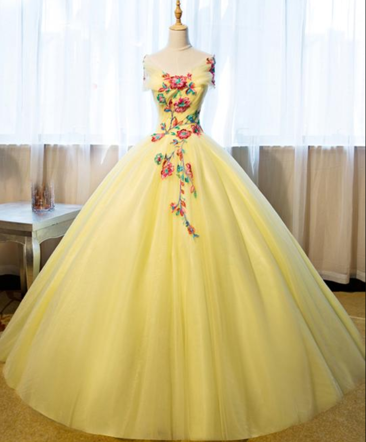 Yellow Gown, Shoulder Gown, Floral Gown.lovely Dress, Long Dress, Big Skirt Dress, Party Dress