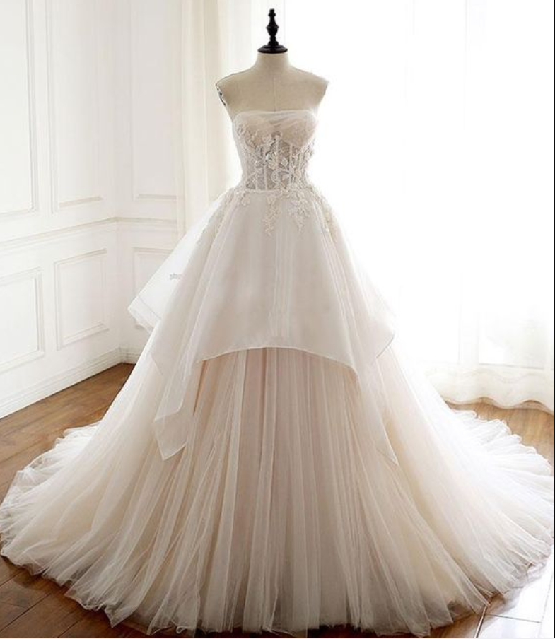 Ivory Strapless A-line Tulle Long Prom Dresses,lace Wedding Gown