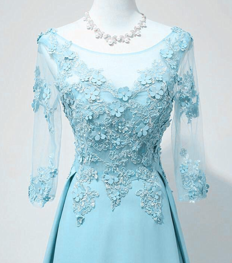 Elegant Round Neckline Blue Floor Length Party Dress, Blue Bridesmaid Dress