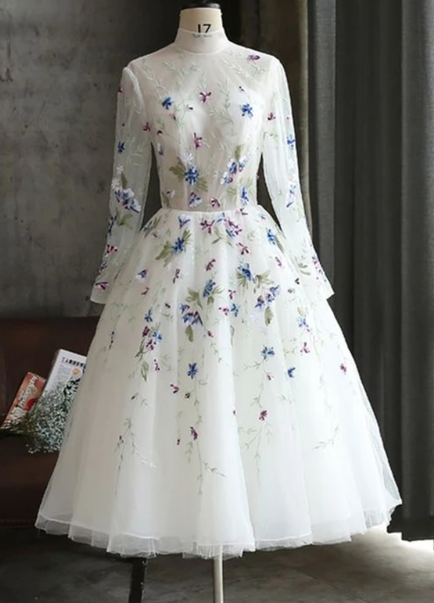 White Flower Lace Long Mid Length Party Dress, Long Sleeves Homecoming Dress