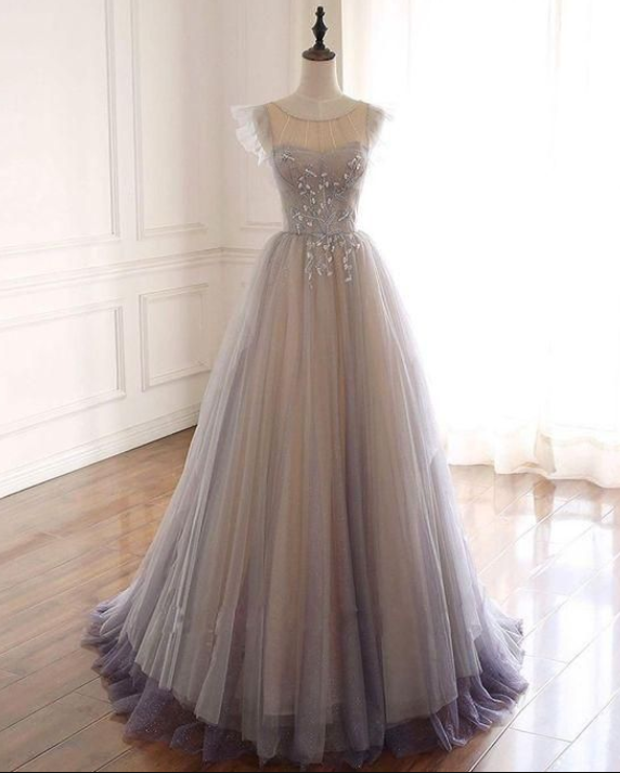 A Line Long Tulle Prom Dresses