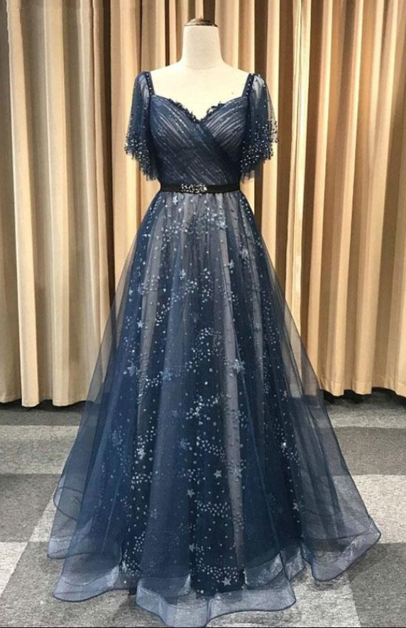 Dark Blue Tulle Long Prom Dress, Blue Tulle Evening Dress
