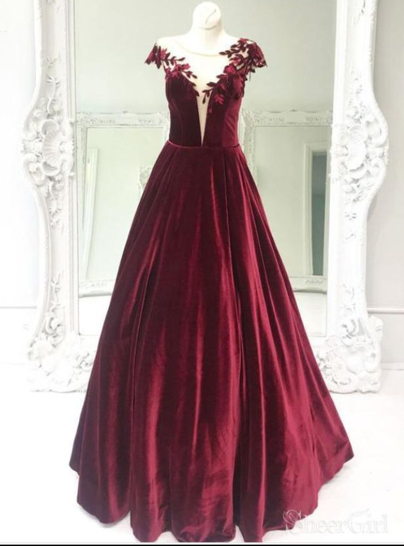 Burgundy Velvet Long Prom Dresses Cap Sleeve Maroon Prom Dress