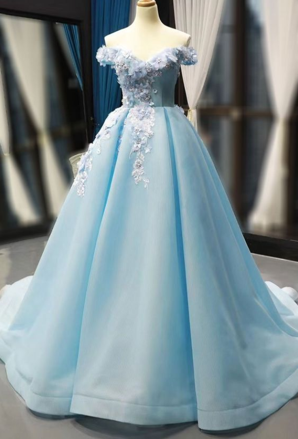 Light Blue Ball Gown With 3d Flowers