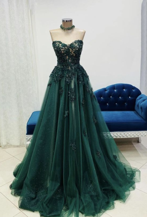 Green Lace Long Prom Dress A Line Prom Dress