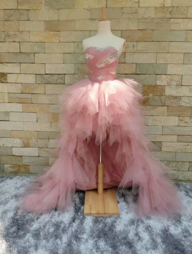 Luxury Wedding Party Dress Pink Formal Dresses Featuring Rhinestone Beaded Bodice With Sweetheart Neckline -- High Low Prom Dresses, Sexy Evening