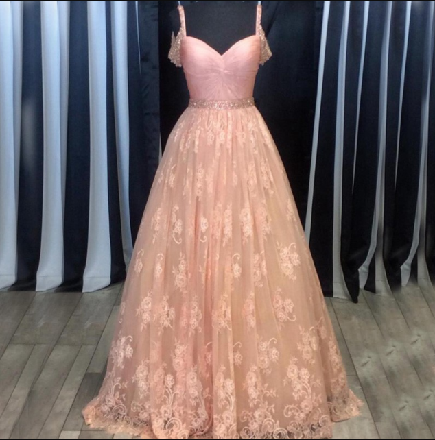 Pink Long Prom Dress, Pink Lace Prom Dress Evening Dress