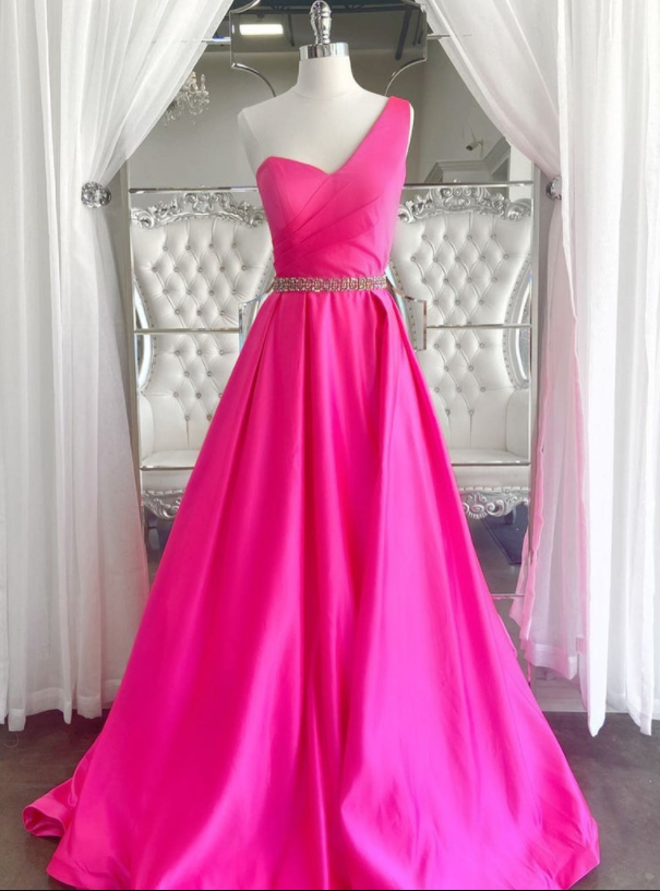 One Shoulder Open Back Pink Long Prom Dresses With Belt, One Shoulder Pink Formal Dresses, Pink Evening Dresses