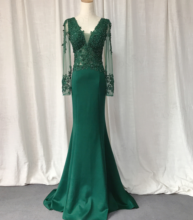 Prom Dresses Elastic Mermaid Long Dress Women Appliques Lace Formal Party Gown Long Sleeves V Neck Emerald Evening