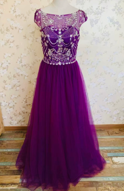Cap sleeve prom dress,purple formal dress,wedding guest dress,Queenie Prom Unique,Custom Made