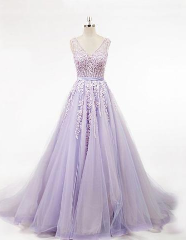 Lavender Ball Gown Prom Dress With Beads,back Party Dress, Long Evening Dress, Appliques Dress