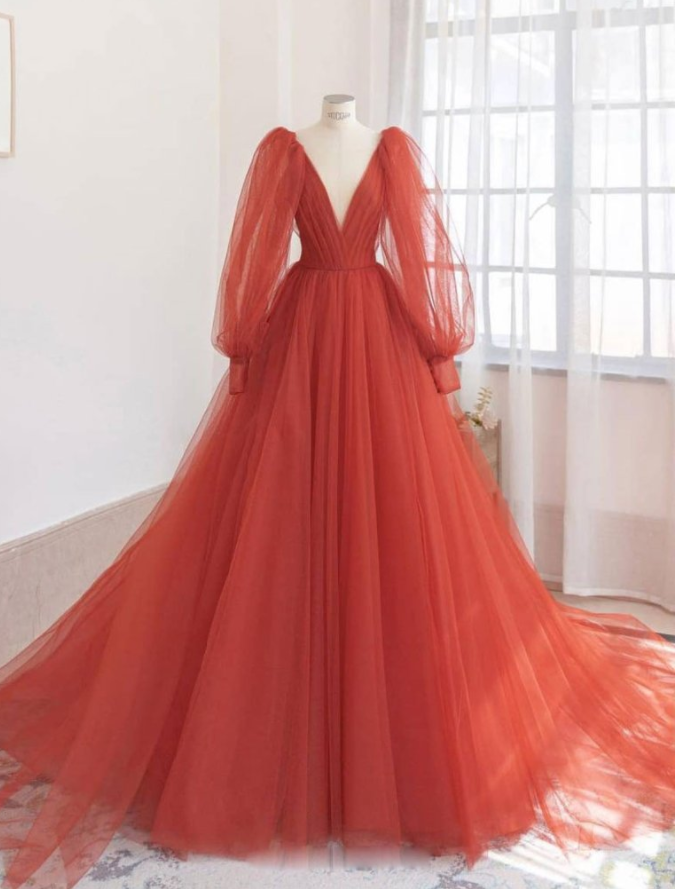 Orange V Neck Tulle Long Prom Dress, Orange Evening Dress
