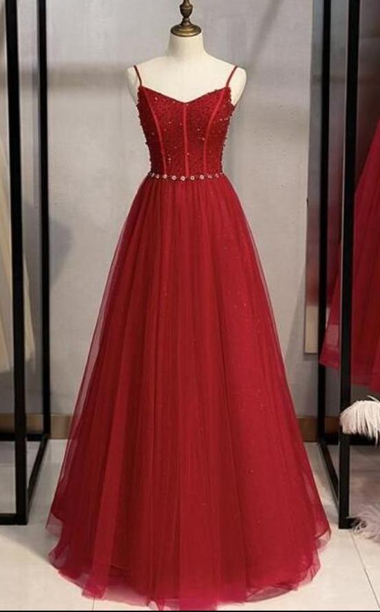 A Line Tulle Beads Long Prom Dress Evening Dress