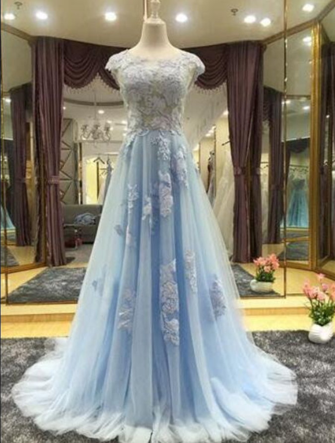 Tulle A-line Prom Dresses,cap Sleeves Evening Dress