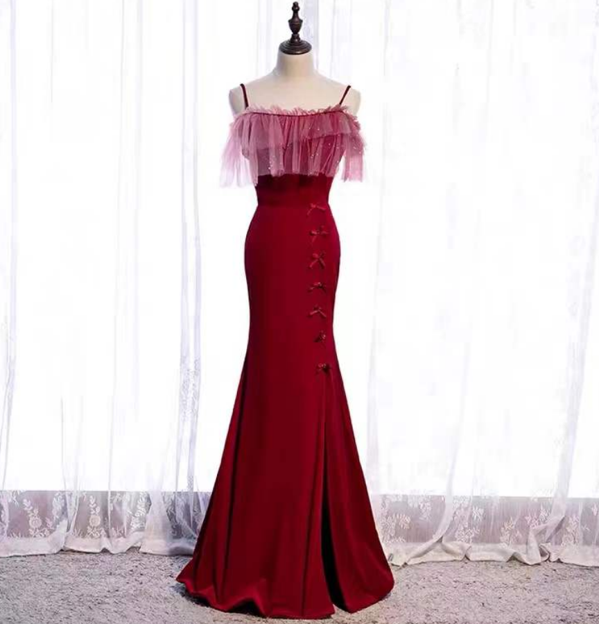 Burgundy ribbon evening dress, fishtail elegant dress,sweet party dress,custom made