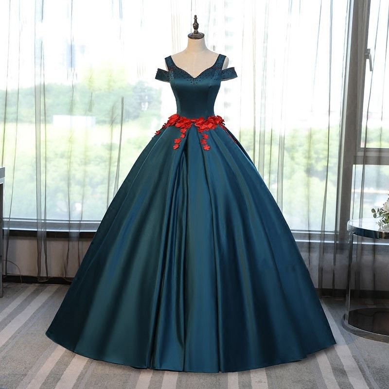 Prom Dresses Sexy V-neck Satin Ball Gown Quinceanera Dresses Cap Shoulder Short Sleeves Flower Women Masquerade Gowns