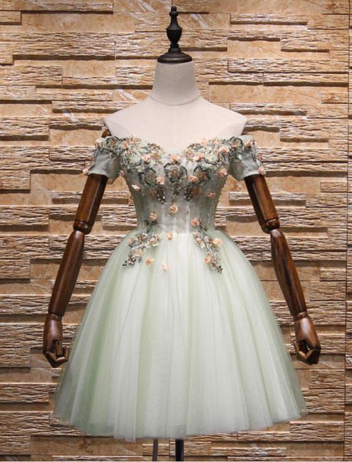 Light Green Tulle Lace Applique Short Prom Dress, Homecoming Dress