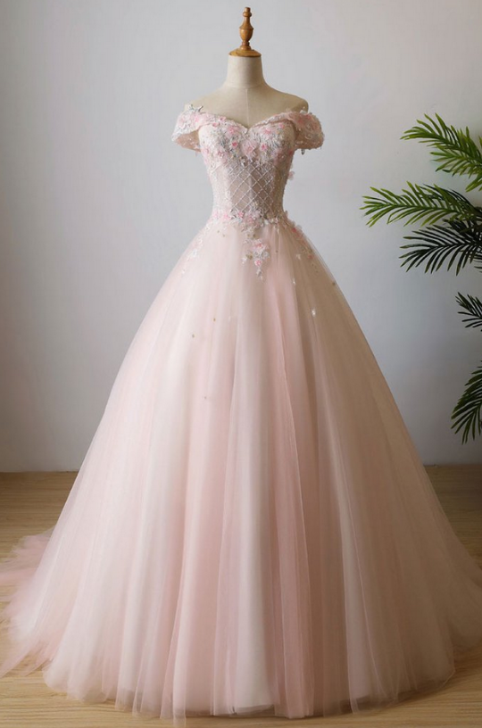 Pink Off Shoulder Tulle Lace Long Prom Dress, Pink Evening Dress