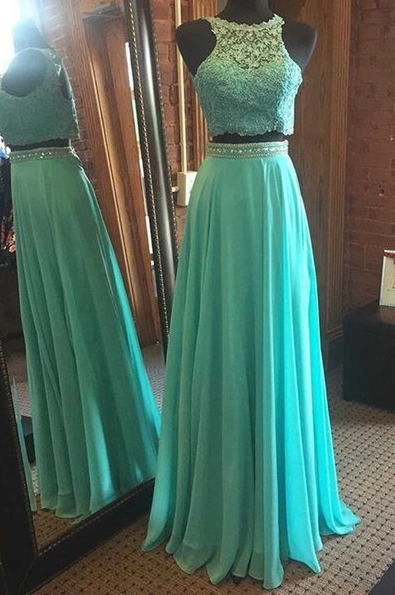 Green Chiffon Waist Beaded Prom Dresses Long A-line Two Piece Party Dresses Lace Appliques Evening Dresses Formal Gowns Open Back For Teens