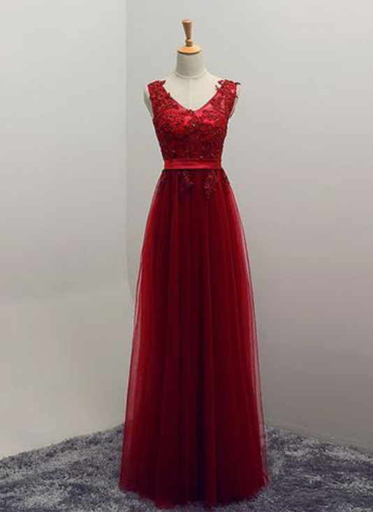 Red Lace Appliqués Plunge V Sleeveless Floor Length Tulle Formal Dress, Prom Dress