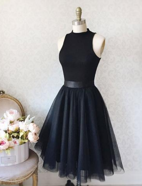 Black Mock Neck Sleeveless Short Tulle Homecoming Dress, Formal Dress